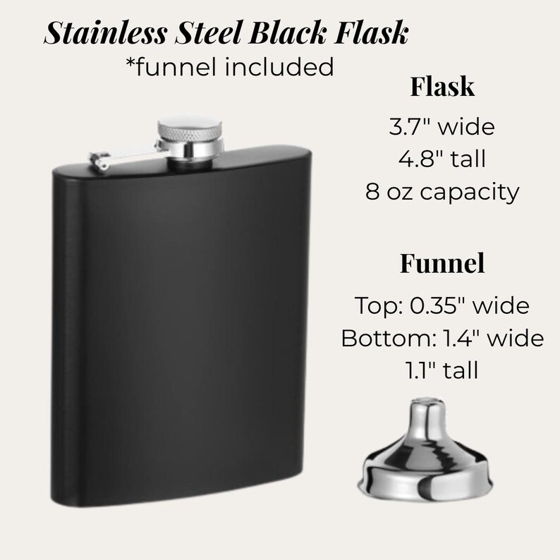 K&ouml;nnte beinhalten: Eine schwarze Edelstahlflasche mit silbernem Verschluss und Scharnier, sowie einem silbernen Trichter. Die Flasche ist 9,4 cm breit, 12,2 cm hoch und hat ein Fassungsverm&ouml;gen von 237 ml. Trichter inklusive.