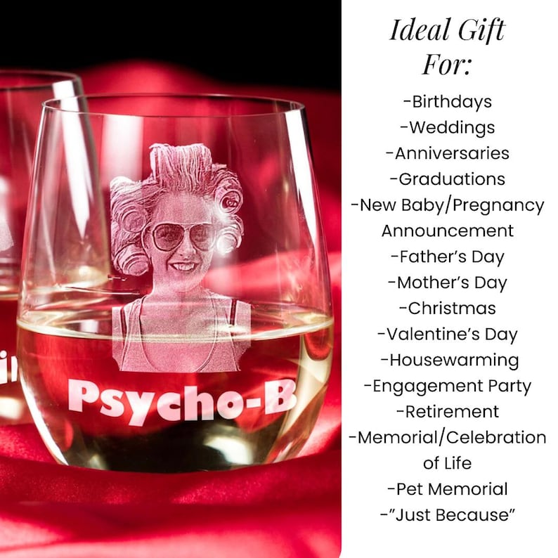 K&ouml;nnte beinhalten: Ein klares Weinglas mit einem Portr&auml;t einer Frau mit Sonnenbrille und Lockenwicklern, das in das Glas ge&auml;tzt ist. Das Wort "Psycho-B" ist auf dem Glas aufgedruckt. Das Bild enth&auml;lt auch eine Liste von Geschenkideen.