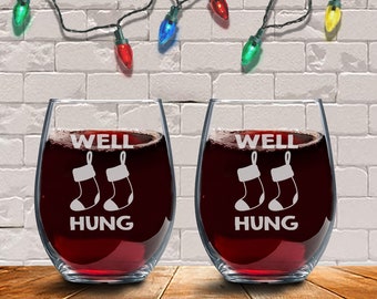 Personalized Holiday Wine Glass/Humorous Christmas Wine Glasses/Christmas Stocking Wine Glass Gift/Engraved Christmas Stemless Wine Glass