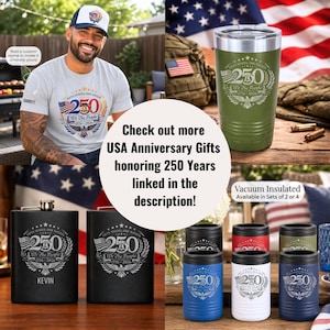 tshirt gift custom name engraved 250th gifts personalized United States Anniversary insulated tumbler engraved patriotic flask set custom name beverage holder USA bald eagle flag liberty bell 1776 design can cooler customized Independence Day memoribilia