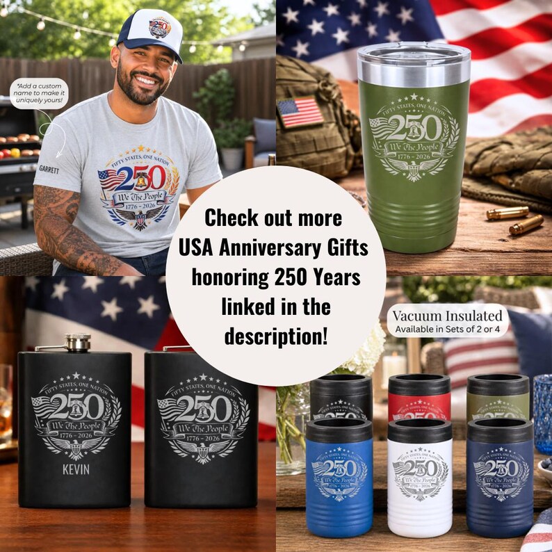 tshirt gift custom name engraved 250th gifts personalized United States Anniversary insulated tumbler engraved patriotic flask set custom name beverage holder USA bald eagle flag liberty bell 1776 design can cooler customized Independence Day memoribilia