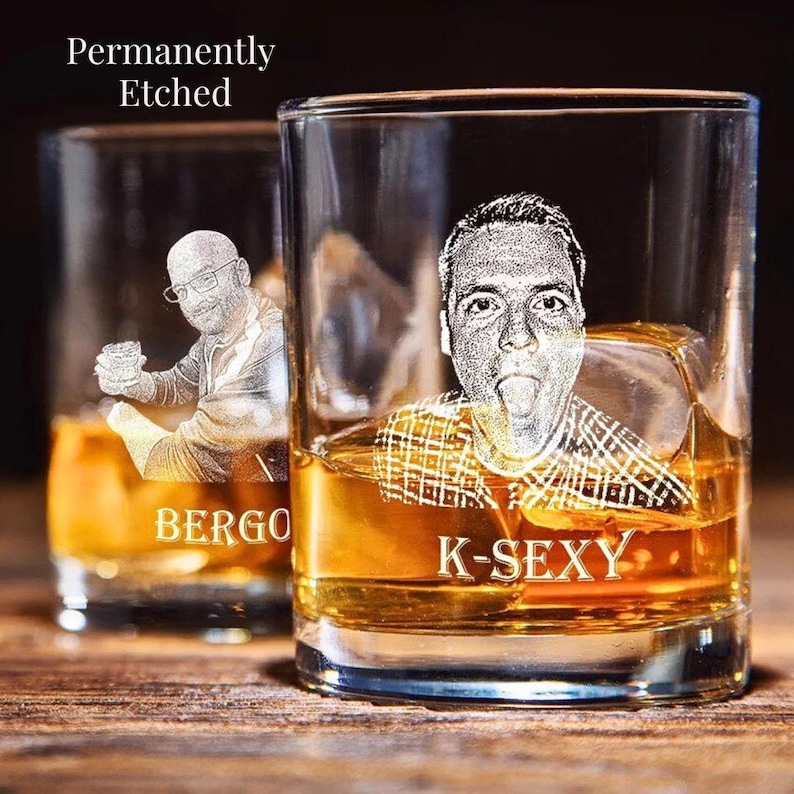 This picture shows a set of two photo engraved whiskey glass gift.  Each 11 ounce glass is engraved with a picture of a groomsman with this nickname.