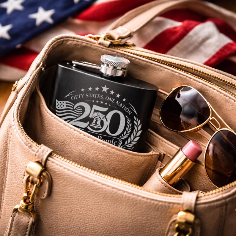 Portable Drinking Flask Stainless Steel Construction Eight Ounce Capacity Leak Proof Design Patriotic Theme America Anniversary Edition Personalized