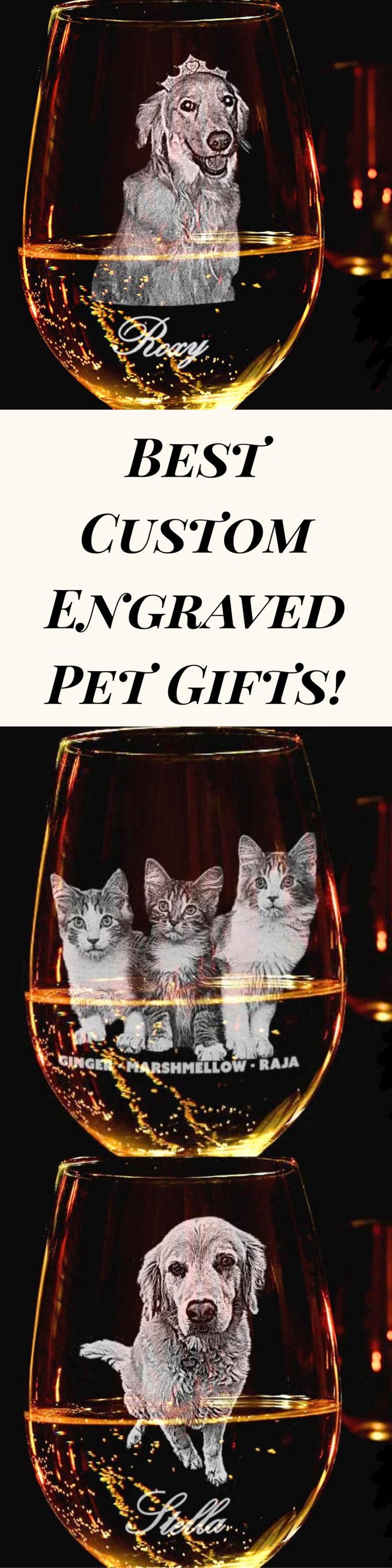 K&ouml;nnte beinhalten: Das Bild zeigt personalisierte, gravierte Haustiergeschenke. Es zeigt drei Weingl&auml;ser, jedes mit einem gravierten Bild eines Hundes oder Katzen. Der Text "BEST CUSTOM ENGRAVED PET GIFTS!" ist ebenfalls sichtbar.