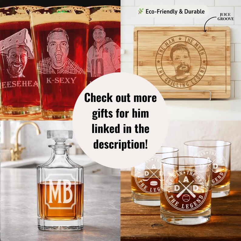 custom pint glass with photo engraved whiskey decanter personalized cutting board gift with portrait gift for dad etched sports whiskey glass for him