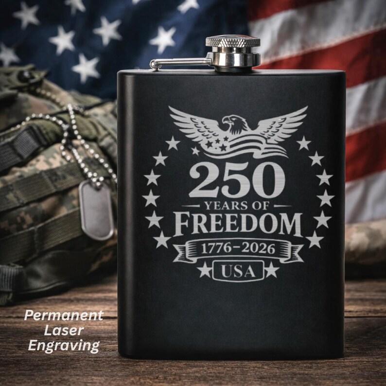 Engraved Stainless Steel Flask Eagle Design American Flag Motif Patriotic Accessory Personalized Name Option America Anniversary Gift Three Design Options Freedom Theme We The People Proud American Food Grade Metal Eight Ounce Capacity Leak Proof