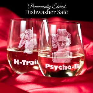 This photo shows a personalized engraved wine glass gift set of 2 stemless cups. The laser etched glassware for her is customized with a photo and humorous nickname.  This custom glassware present for home bar is dishwasher safe.