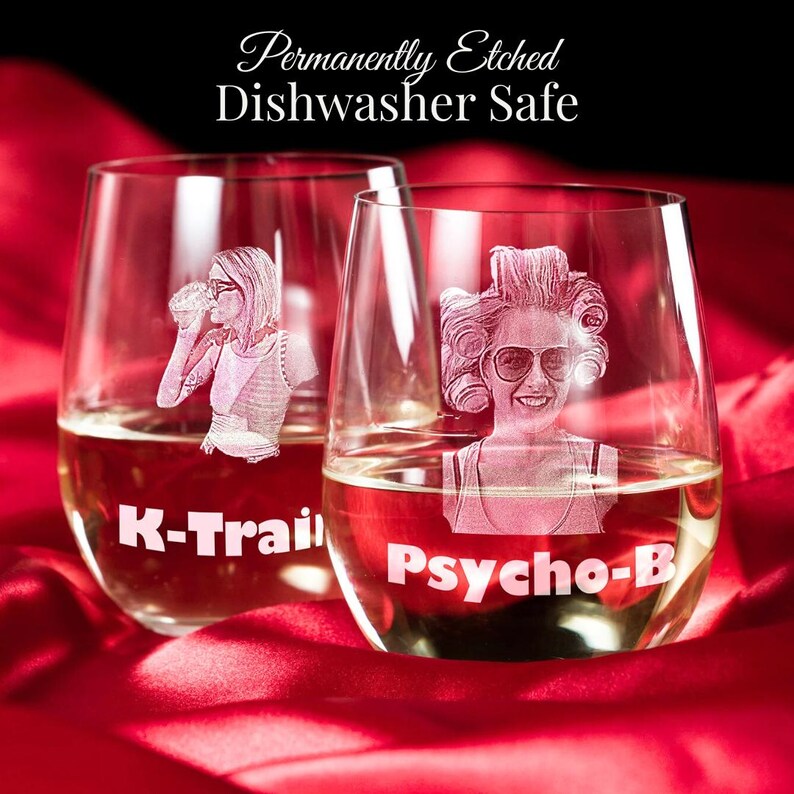 This photo shows a personalized engraved wine glass gift set of 2 stemless cups. The laser etched glassware for her is customized with a photo and humorous nickname.  This custom glassware present for home bar is dishwasher safe.