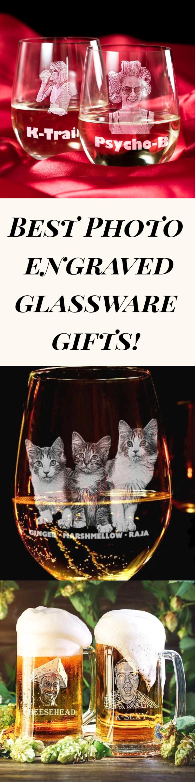 K&ouml;nnte beinhalten: Eine Sammlung gravierter Glaswaren mit verschiedenen Designs. Enth&auml;lt Weingl&auml;ser mit ge&auml;tzten Portr&auml;ts und Texten, ein Glas mit drei Katzenk&ouml;pfen und Bierkr&uuml;ge mit ge&auml;tzten Gesichtern und Texten. Der Text "BEST PHOTO ENGRAVED GLASSWARE GIFTS!" ist ebenfalls sichtbar.