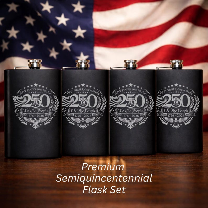 America Anniversary Celebration Flask Commemorative Patriotic Gift Historic Recognition Keepsake Stainless Steel Construction Personalized