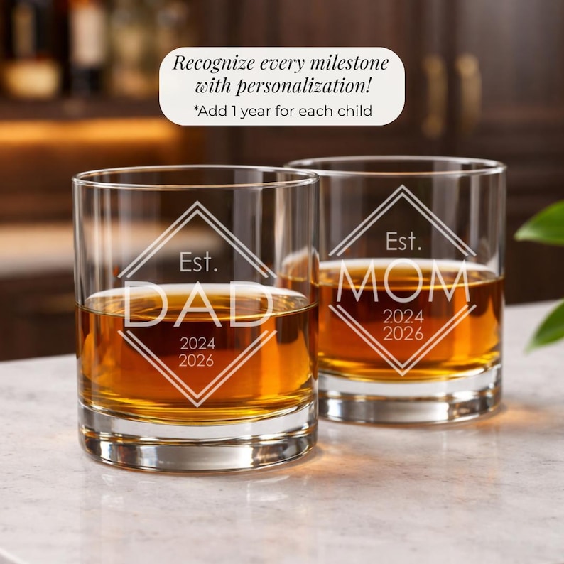 Heavy Bottom Whiskey Glass Diamond Pattern Design Personalized Dad Gift Custom Engraved Bourbon Rocks Glass Established Year Etched Detail Premium Quality Tumbler Elegant Drinking Experience Special Father Present Birthday Gift Idea