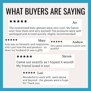 K&ouml;nnte beinhalten: T&uuml;rkisfarbener Hintergrund mit dem Text "WHAT BUYERS ARE SAYING" in Schwarz. Kundenbewertungen mit F&uuml;nf-Sterne-Bewertungen werden angezeigt. Die Bewertungen erw&auml;hnen personalisierte Biergl&auml;ser und positive Erfahrungen.