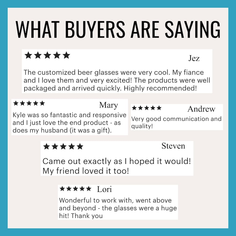 K&ouml;nnte beinhalten: T&uuml;rkisfarbener Hintergrund mit dem Text "WHAT BUYERS ARE SAYING" in Schwarz. Kundenbewertungen mit F&uuml;nf-Sterne-Bewertungen werden angezeigt. Die Bewertungen erw&auml;hnen personalisierte Biergl&auml;ser und positive Erfahrungen.