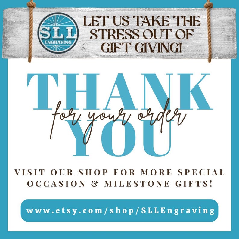 May include: A teal and white graphic with the words "THANK YOU for your order" in large teal letters. The image also includes the text "LET US TAKE THE STRESS OUT OF GIFT GIVING!" and "VISIT OUR SHOP FOR MORE SPECIAL OCCASION & MILESTONE GIFTS!"