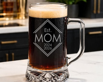 Gift For Mom Personalized Glass Mug Engraved Birth Year Cup Mothers Day Present Idea Custom Beer Stein Diamond Design Etched Barware Set