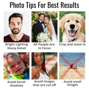 K&ouml;nnte beinhalten: Bild mit dem Text "Photo Tips For Best Results". Es zeigt Beispiele f&uuml;r gute und schlechte Fotos. Gute Fotos haben eine helle Beleuchtung, scharfe Details und sind fokussiert. Schlechte Fotos haben harte Schatten, sind abgeschnitten oder klein.