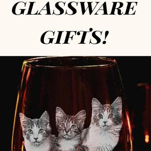 K&ouml;nnte beinhalten: Eine Sammlung gravierter Glaswaren mit verschiedenen Designs. Enth&auml;lt Weingl&auml;ser mit ge&auml;tzten Portr&auml;ts und Texten, ein Glas mit drei Katzenk&ouml;pfen und Bierkr&uuml;ge mit ge&auml;tzten Gesichtern und Texten. Der Text "BEST PHOTO ENGRAVED GLASSWARE GIFTS!" ist ebenfalls sichtbar.