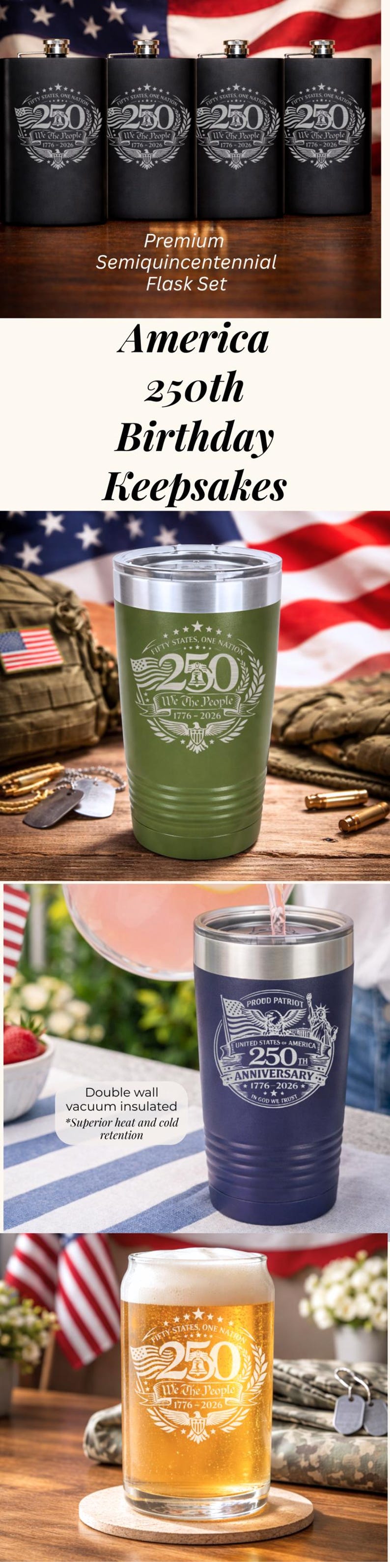 K&ouml;nnte beinhalten: Eine Reihe schwarzer Flachm&auml;nner und isolierter Becher mit patriotischen Designs. Die Flachm&auml;nner und Becher zeigen den Text "250" und "We The People" mit den Jahren 1776-2026, zur Feier des 250. Jahrestages der Vereinigten Staaten.