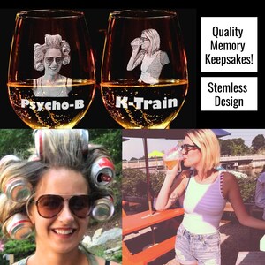 This photo shows a custom stemless wine glass set gift personalized with a portrait and funny name.  This customized barware memory keepsake is a unique birthday wedding anniversary gift for her.