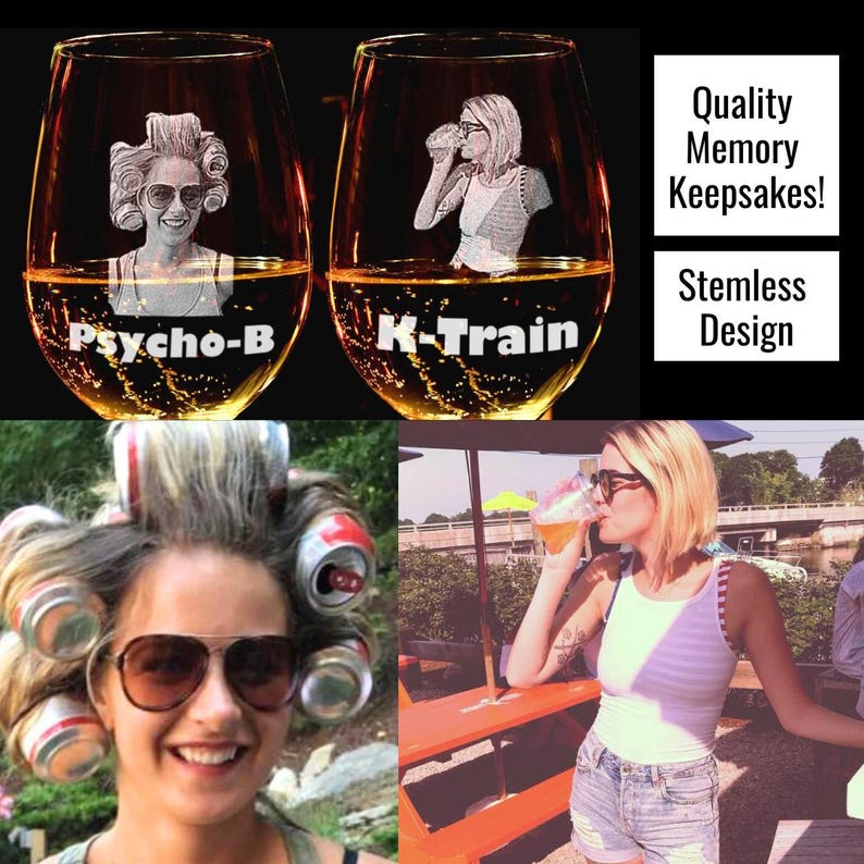 This photo shows a custom stemless wine glass set gift personalized with a portrait and funny name.  This customized barware memory keepsake is a unique birthday wedding anniversary gift for her.