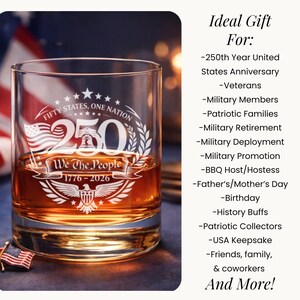 American Made 250th Glassware Patriotic Whiskey Glass Commemorative Design Anniversary Collection Liberty Bell Eagle Etched Artwork Premium Barware Gift Dad Military Veteran Retirement Present Custom Name Engraved Tumbler Heavy Base Quality