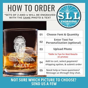 May include: A clear whiskey glass with a personalized engraved image of a person's face, filled with amber liquid and ice cubes. The text "K-SEXY" is etched on the glass. The image also includes instructions on how to order.