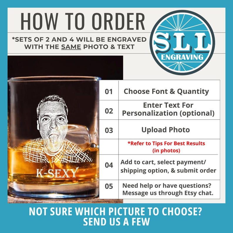 May include: A clear whiskey glass with a personalized engraved image of a person's face, filled with amber liquid and ice cubes. The text "K-SEXY" is etched on the glass. The image also includes instructions on how to order.