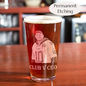 This picture shows a unique personalized glassware engraved custom photo mug sports gift customized drinkware family beer pint present friend glass cup with text.