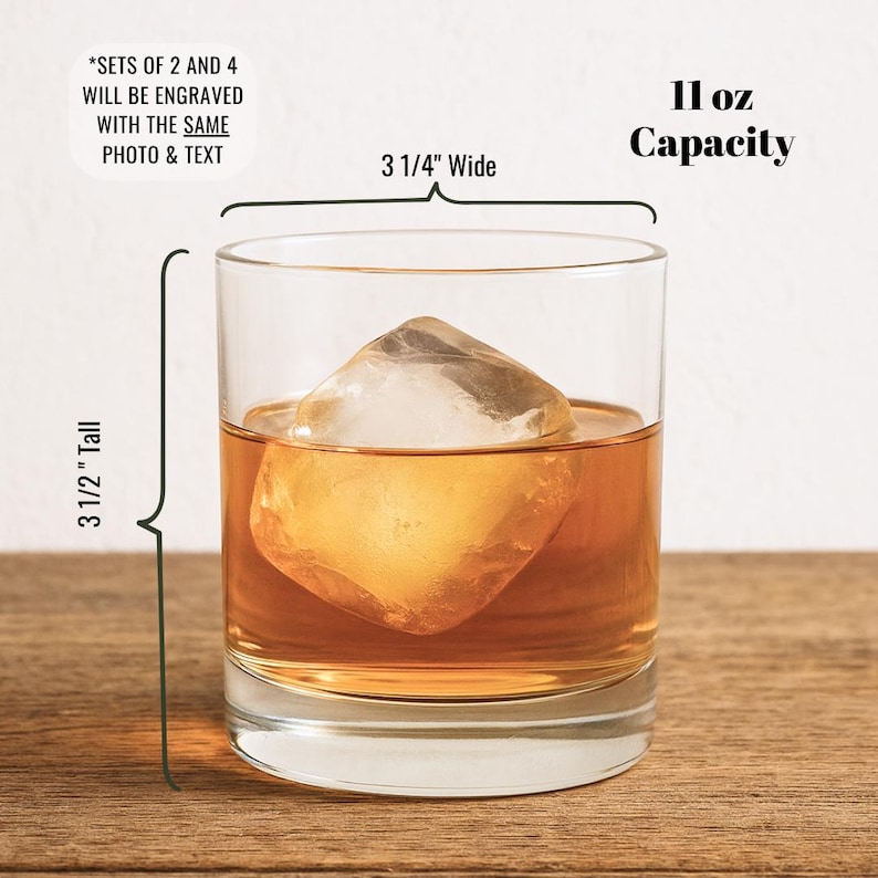 This picture shows an 11 ounce premium whiskey glass that is 3 1/2 inches tall and 3 1/4 inches wide that is permanently etched with a logo or photograph.  This custom engraved bourbon cocktail glassware is the perfect gift idea for groomsmen, anniversaries, birthdays, retirements, and other milestone occasions worth celebrating.