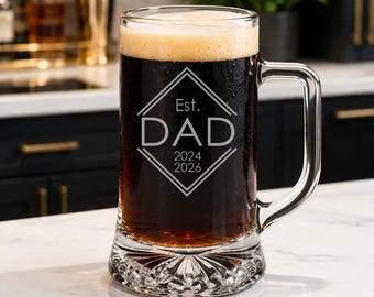 Engraved Mug For Dad Personalized Gift Beer Glass Established Stein Custom Fathers Day Gift Idea Etched Glassware Set For Home Bar Decor