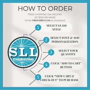 A teal and white graphic with instructions on how to order personalized glassware. The steps include selecting a glass style, font, and quantity, then adding to cart and checking out. The logo for SLL Engraving is in the center.