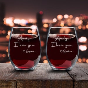 Custom Message On Glass/Valentine&#39;s Day Wine Glass Gift/I Love You Cup/Engraved Couples Wine Glass Set/Personalized Stemless Wine Glass Cup