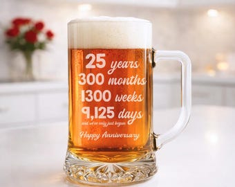 Engraved Anniversary Mug Custom Design Beer Glass Etched Barware Anniversary Gift Husband Wife Marriage Celebration Personalized Present