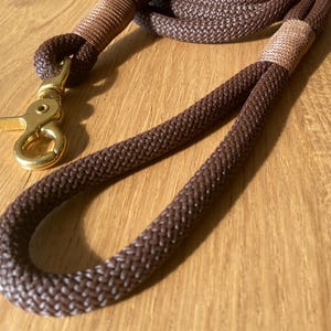 Op de afbeelding: Een bruine en beige hondenriem met een goudkleurige sluiting. De riem is gemaakt van een dik, gevlochten touwmateriaal. De riem ligt op een houten oppervlak.