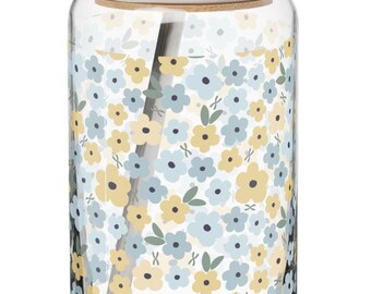 Can-shaped glass Down Syndrome Awareness Glass Can Cup with Lid & Straw | Subtle Chromosome Design | Blue Yellow Floral | Meaningful Gift