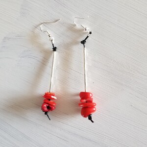 Red Coral and Silvertone Tube Earrings