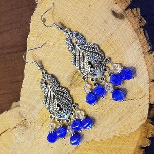 Blue Czech  Glass Silvertone Chandelier Earrings