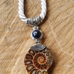 Fossilized Ammonite and Lapis Lazuli Gemstone Pendant Necklace