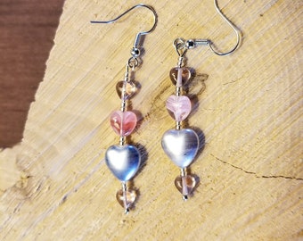 Czech Glass Pink and Silver Heart Earrings