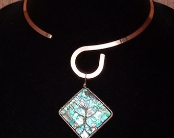 Tree of Life Abalone Flat Swirl Rose Tone Necklace