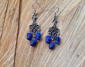 Czech Glass Blue Flower Beads Earrings