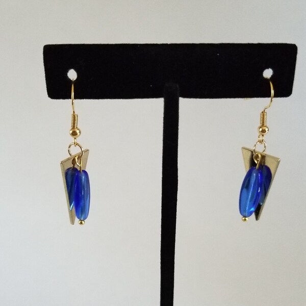 Czech Glass Blue and Gold Triangle Shape Earrings