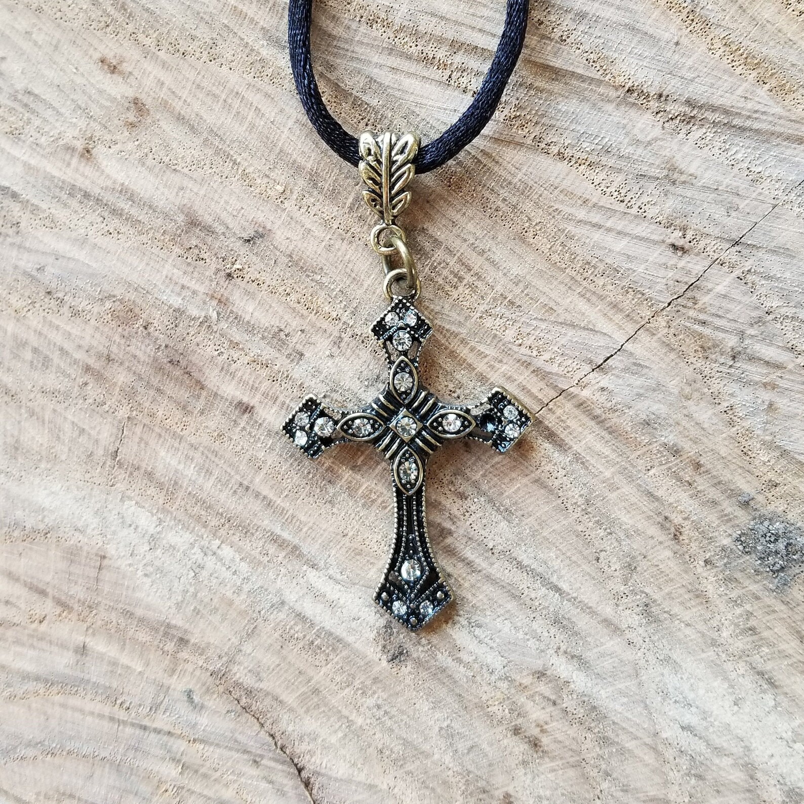 Cross Antique Brass and Crystal Necklace - Etsy