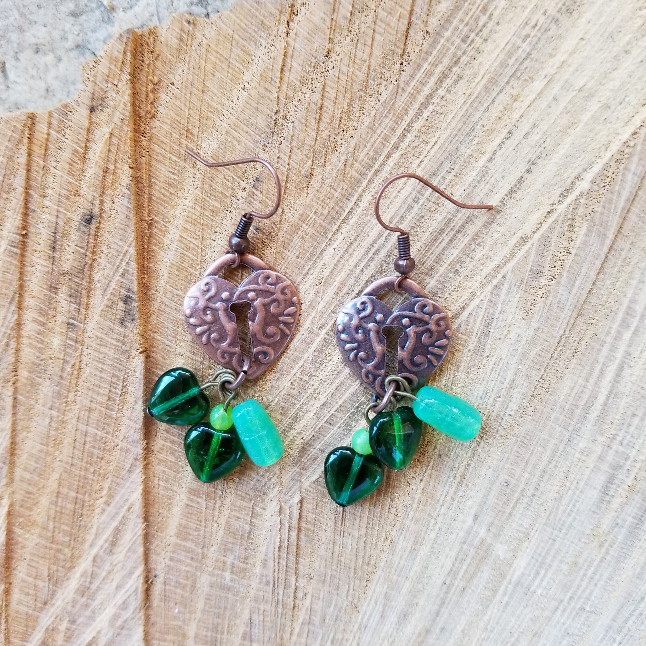 Czech Glass Green Heart Coppertone Earrings Etsy