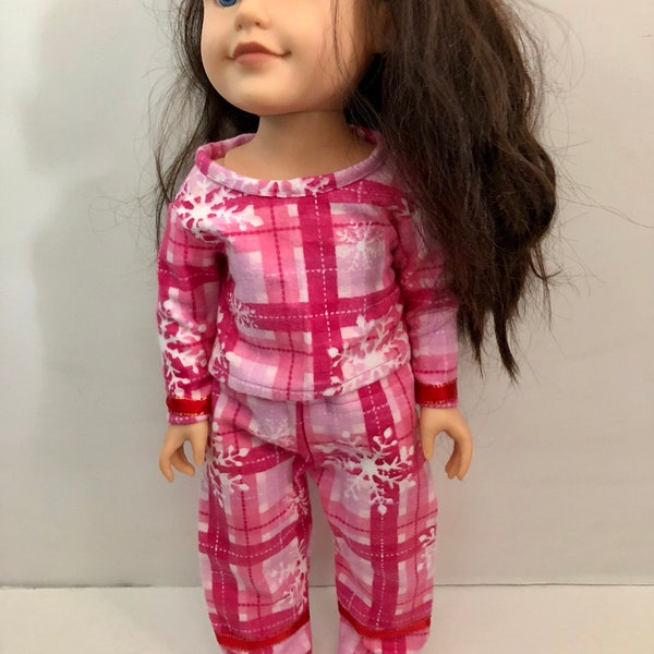 pink snowflake pajamas, doll christmas jammies, flannel pajama set, 18 inch doll pajamas, pink pajama set, lounge set