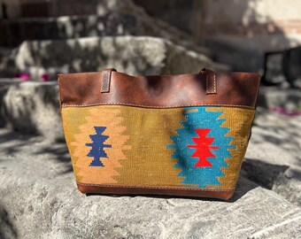 Handmade Leather Kilim Tote Bag, Boho Handbag