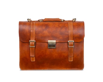 Handmade Full Grain Leather Briefcase, Triple Deck Laptop Bag