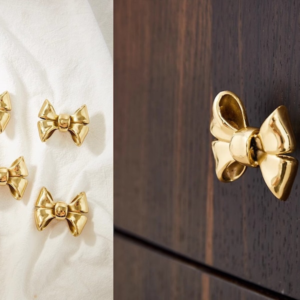 Brass Bow Knobs,Solid Bow Knobs,Bow Knot Cabinet Pulls, Brushed Drawer Pulls,Drawer Knob,Dresser Knobs,Wardrobe Handles,Nursery Room Knobs