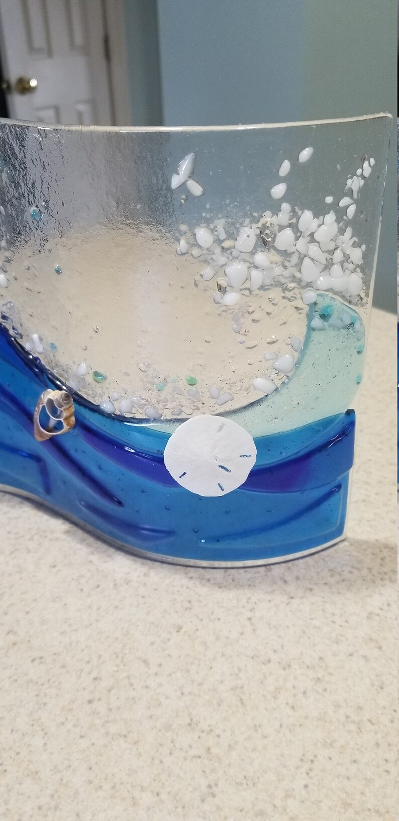 fused glass blue wave with seashells