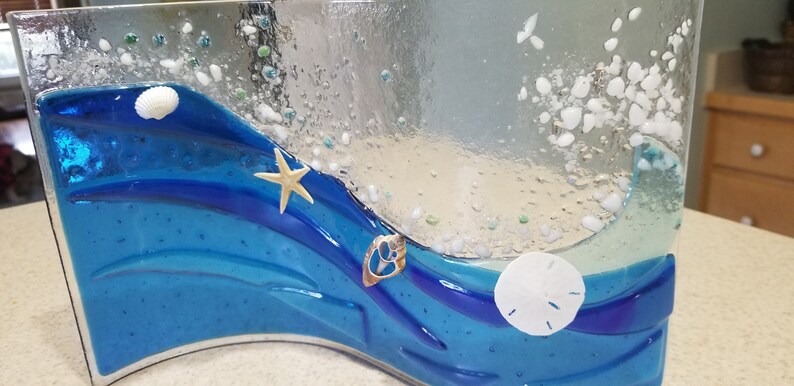 fused glass blue wave with seashells